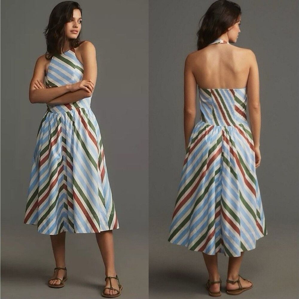 Anthropologie Maeve Halter Midi Sundress Striped Lined Size Small New Preppy